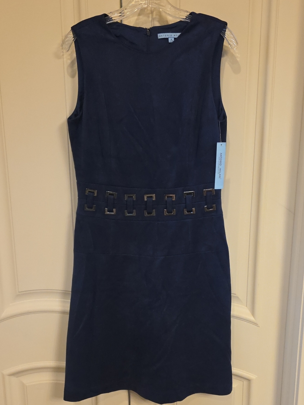 ANTONIO MELANI Navy Sleeveless Sheath Dress with Geometric Waist Detail